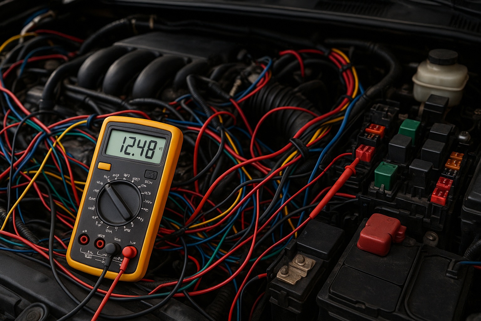 engine bay with multimeter and wiring harnesses everywhere