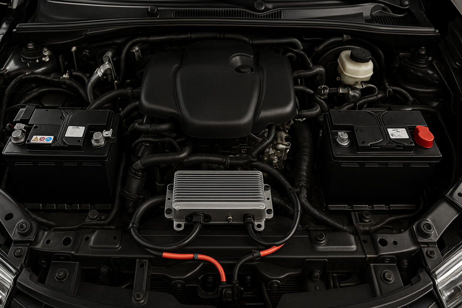 engine bay with two batteries in left and right corner of engine bay with dcdc charger in centre bottom of engine bay